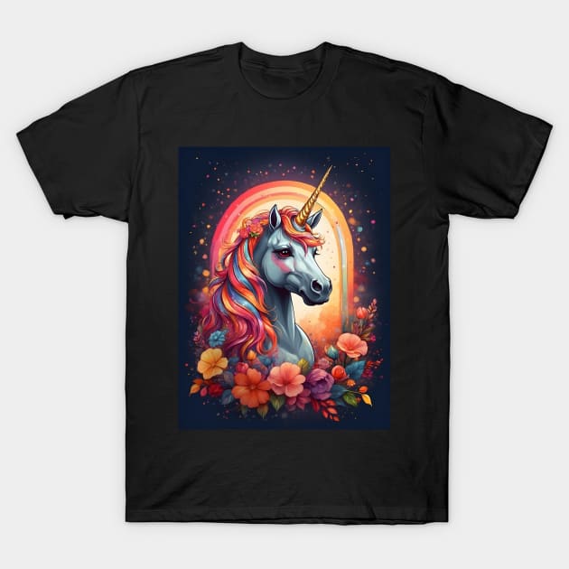 Unicorn in a Floral Garden T-Shirt by Leon Star Shop